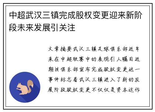 中超武汉三镇完成股权变更迎来新阶段未来发展引关注